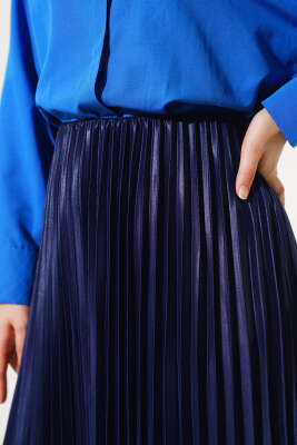 Pliseli Deri Görünümlü Etek Lacivert - Uzun Etek