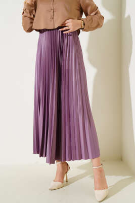 Pliseli Deri Görünümlü Etek Lila - Uzun Etek