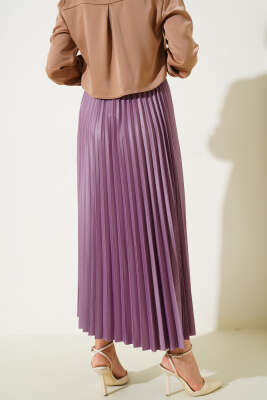 Pliseli Deri Görünümlü Etek Lila - Uzun Etek