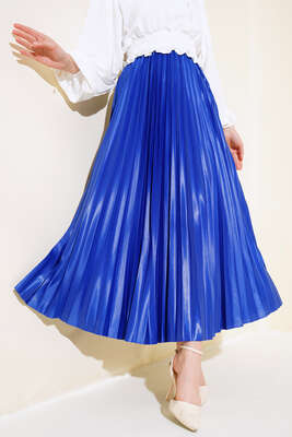 Pliseli Deri Görünümlü Etek Saks 