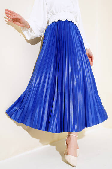 Pliseli Deri Görünümlü Etek Saks - Uzun Etek