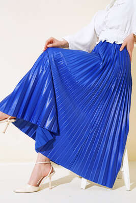 Pliseli Deri Görünümlü Etek Saks - Uzun Etek