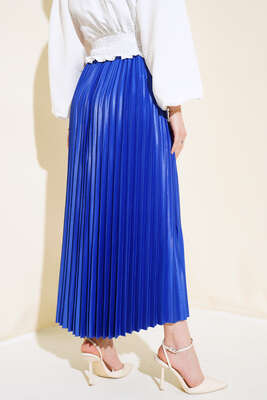 Pliseli Deri Görünümlü Etek Saks - Uzun Etek