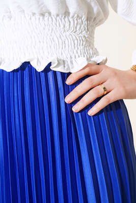 Pliseli Deri Görünümlü Etek Saks - Uzun Etek