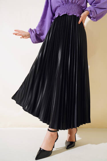 Pliseli Deri Görünümlü Etek Siyah - Etek