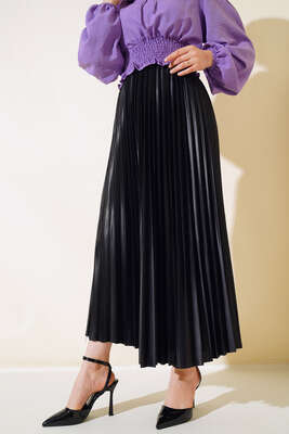 Pliseli Deri Görünümlü Etek Siyah - Uzun Etek