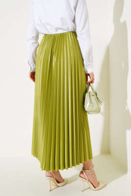 Pliseli Deri Görünümlü Etek Yağ Yeşili - Uzun Etek
