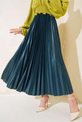 Pliseli Deri Görünümlü Etek Zümrüt Yeşili 