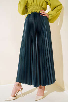 Pliseli Deri Görünümlü Etek Zümrüt Yeşili - Uzun Etek