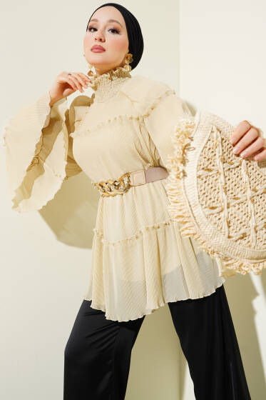Pliseli Kat Kat Salaş Tunik Bej - Tunik