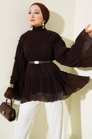 Pliseli Kat Kat Salaş Tunik Kahve - Tunik