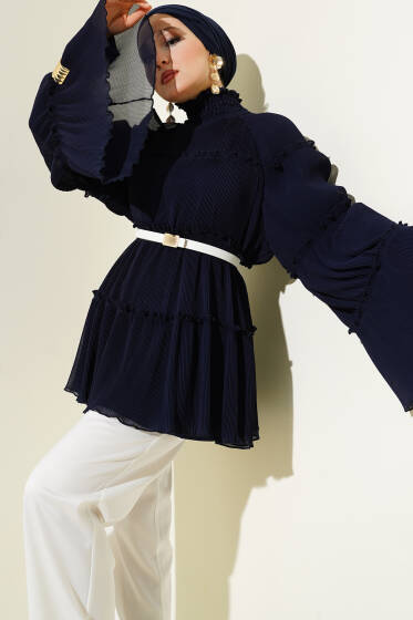 Pliseli Kat Kat Salaş Tunik Lacivert - Tunik