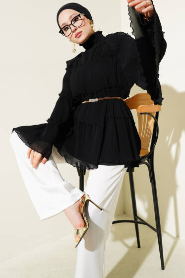 Pliseli Kat Kat Salaş Tunik Siyah - Tunik