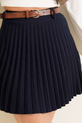 Pliseli Kemerli Mini Etek Lacivert - Kadın Giyim Modelleri