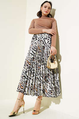 Pliseli Leopar Desen Saten Etek Leopar - Uzun Etek