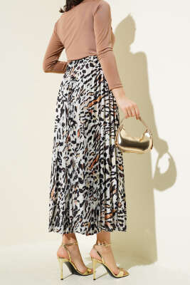Pliseli Leopar Desen Saten Etek Leopar - Uzun Etek