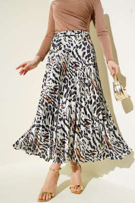 Pliseli Leopar Desen Saten Etek Leopar