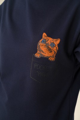 Pocket Pow Baskılı Kedi Desenli Lacivert Sweatshirt - Thumbnail