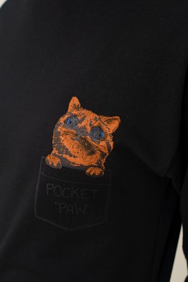 Pocket Pow Baskılı Kedi Desenli Siyah Sweatshirt - Thumbnail