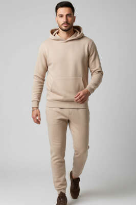 Polar Kapüşonlu Erkek Eşofman Takımı Bej - BY MAMİ