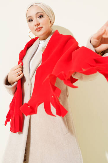 Polar Püsküllü Omuz Şalı Kırmızı - Omuz Şalı