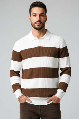 Polo Açık Yaka Erkek Triko Kazak Beyaz Kahve 