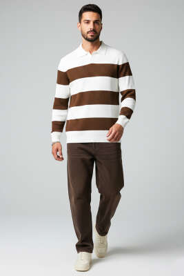 Polo Açık Yaka Erkek Triko Kazak Beyaz Kahve - Yeni Erkek Giyim