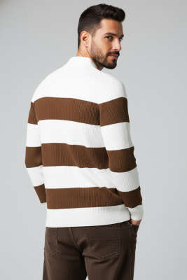 Polo Açık Yaka Erkek Triko Kazak Beyaz Kahve - Yeni Erkek Giyim