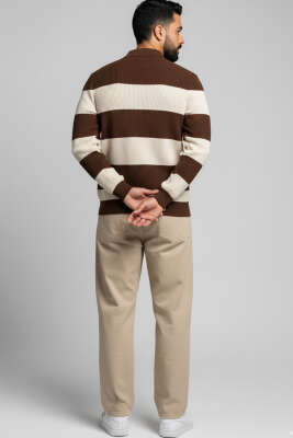 Polo Açık Yaka Erkek Triko Kazak Kahve Bej - Yeni Erkek Giyim