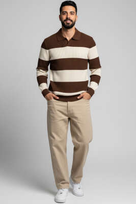 Polo Açık Yaka Erkek Triko Kazak Kahve Bej - Yeni Erkek Giyim