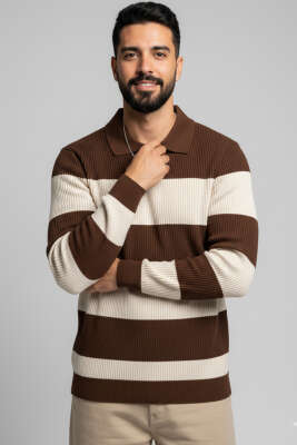 Polo Açık Yaka Erkek Triko Kazak Kahve Bej 