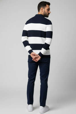 Polo Açık Yaka Erkek Triko Kazak Lacivert Beyaz - Yeni Erkek Giyim