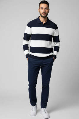 Polo Açık Yaka Erkek Triko Kazak Lacivert Beyaz - Yeni Erkek Giyim