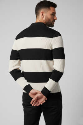 Polo Açık Yaka Erkek Triko Kazak Siyah Bej - Yeni Erkek Giyim