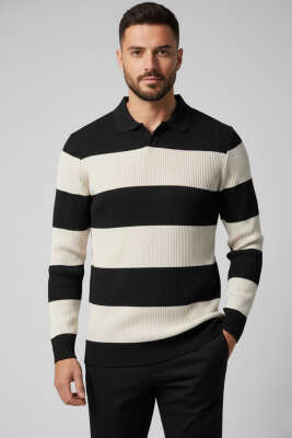 Polo Açık Yaka Erkek Triko Kazak Siyah Bej - Yeni Erkek Giyim