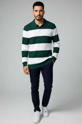 Polo Açık Yaka Erkek Triko Kazak Yeşil - Yeni Erkek Giyim