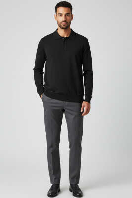 Polo Düğmeli Yaka Erkek Triko Kazak Siyah - Erkek Kazak