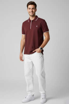 Polo Gizli Fermuarlı Erkek T-shirt Bordo - Erkek Polo Yaka Tişört