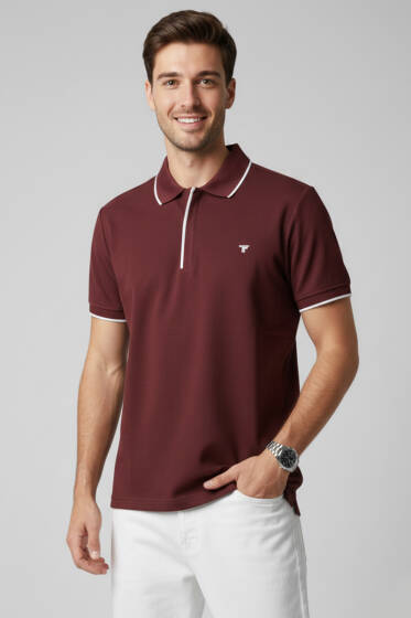 Polo Gizli Fermuarlı Erkek T-shirt Bordo - Erkek T-shirt