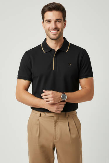 Polo Gizli Fermuarlı Erkek T-shirt Siyah - Erkek Siyah Tişört