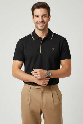 Polo Gizli Fermuarlı Erkek T-shirt Siyah 