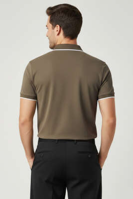 Polo Gizli Fermuarlı Erkek T-shirt Vizon - Erkek Polo Yaka Tişört