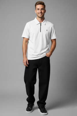 Polo Yaka Armalı Erkek T-shirt Beyaz - Erkek Beyaz Tişört