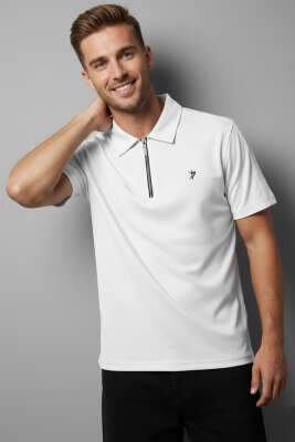 Polo Yaka Armalı Erkek T-shirt Beyaz 