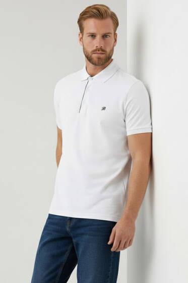 Polo Yaka Armalı Erkek T-shirt Beyaz - Beyaz Polo Yaka Tişört