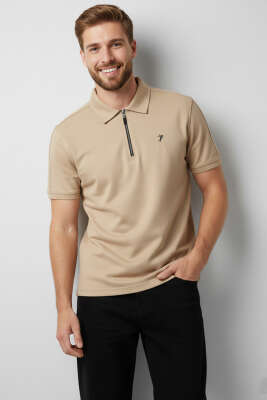 Polo Yaka Armalı Erkek T-shirt Camel - Erkek Polo Yaka Tişört