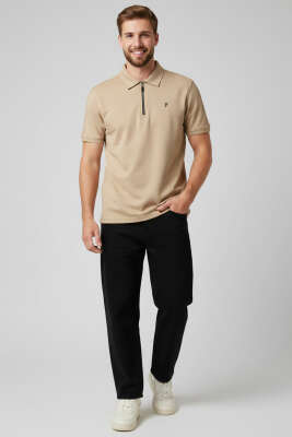 Polo Yaka Armalı Erkek T-shirt Camel - Erkek Polo Yaka Tişört
