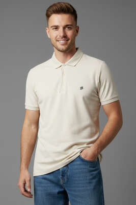 Polo Yaka Armalı Erkek T-shirt Krem 