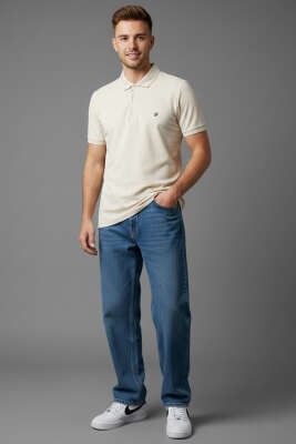 Polo Yaka Armalı Erkek T-shirt Krem - Erkek T-shirt