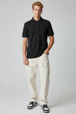 Polo Yaka Armalı Erkek T-shirt Siyah - Erkek T-shirt